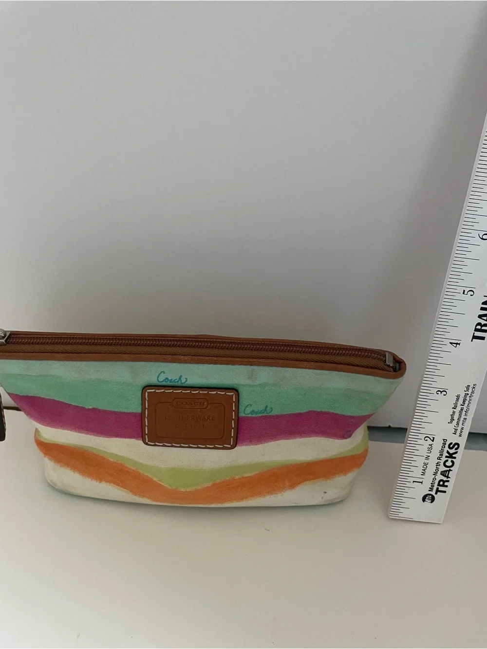 Coach Striped Multicolor Cosmetic Pouch with Leather Trim